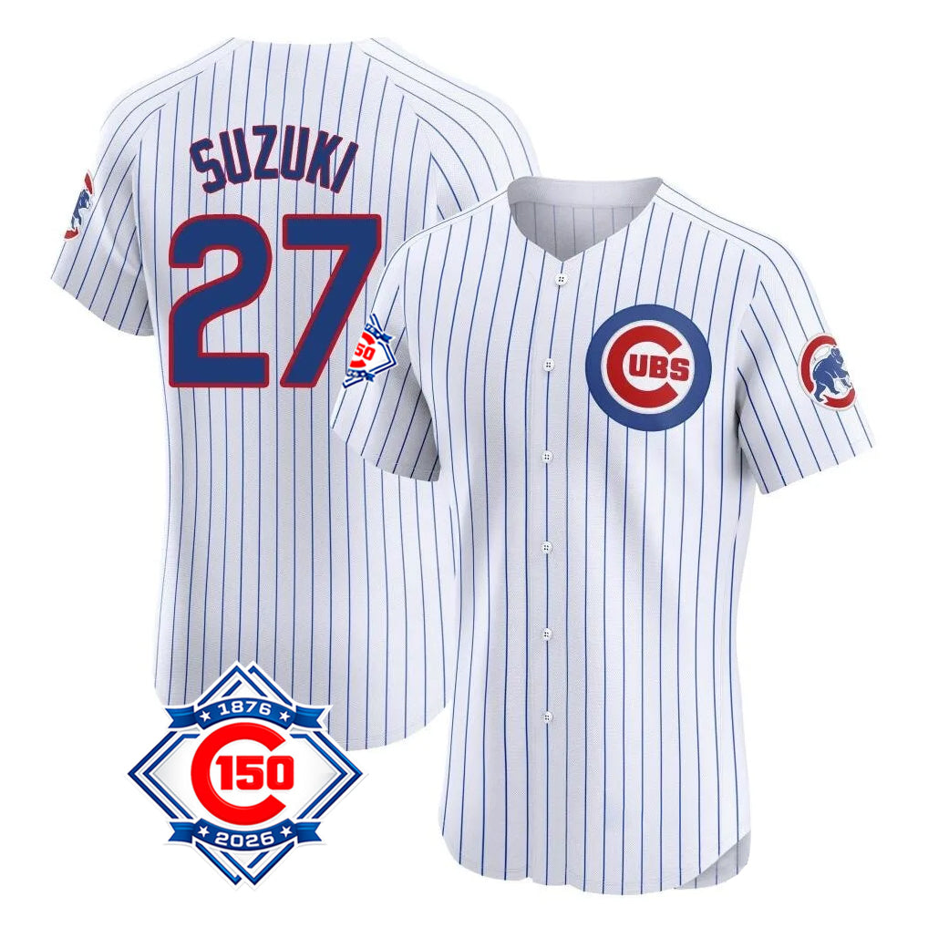 Chicago Cubs #27 Seiya Suzuki Player White AmberGomez 150th Anniversary Limited Elite Home Game Stitched Jerseys
