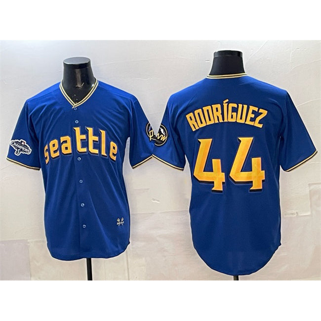 Seattle Mariners #44 Julio Rodr¨ªguez Royal AmberGomez With 2025 AL West Division Champions Patch City Connect Limited Stitched Jersey
