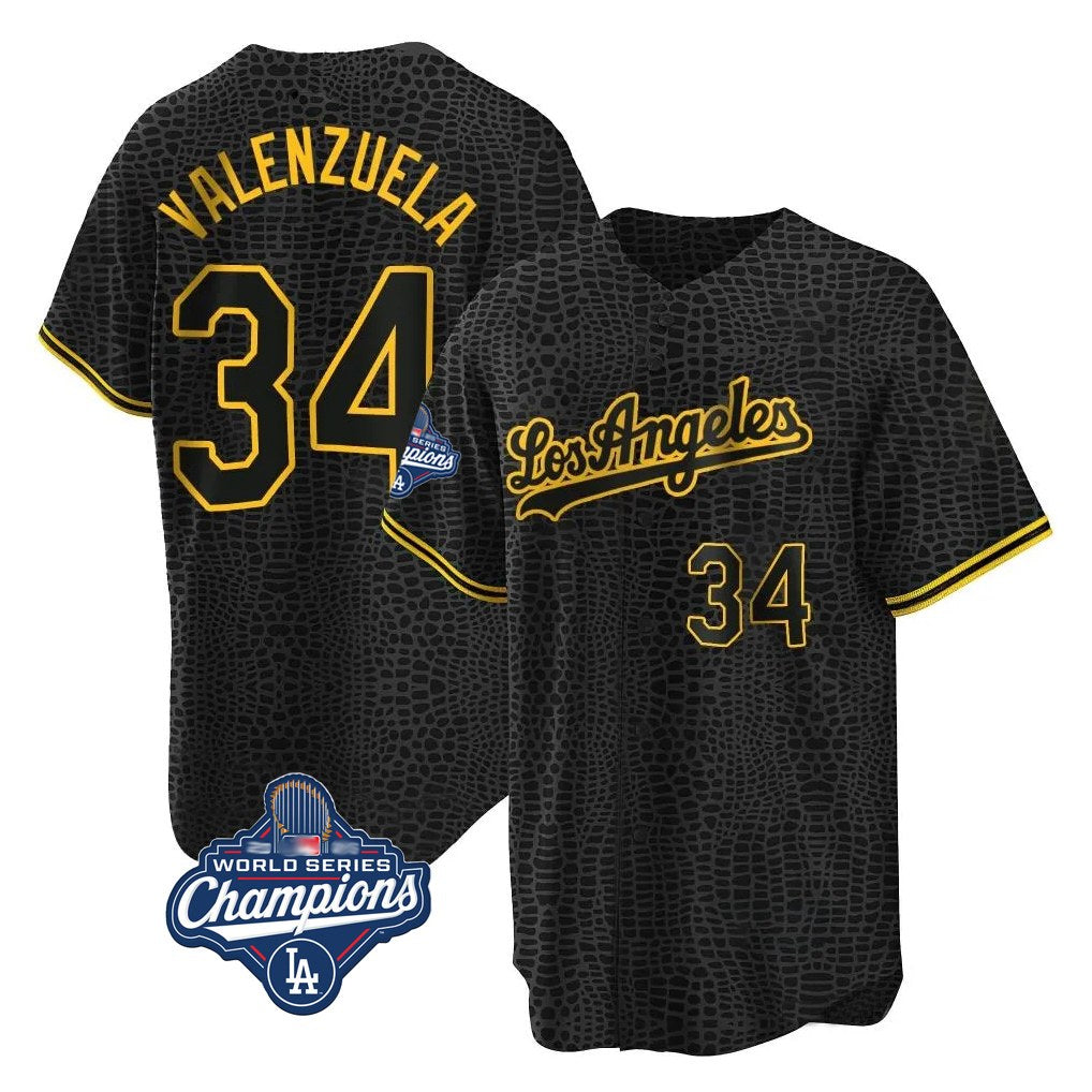 Los Angeles Dodgers #34 Fernando Valenzuela Player Black AmberGomez World Series Meet Snake Skin City Game Home Stitched Jerseys