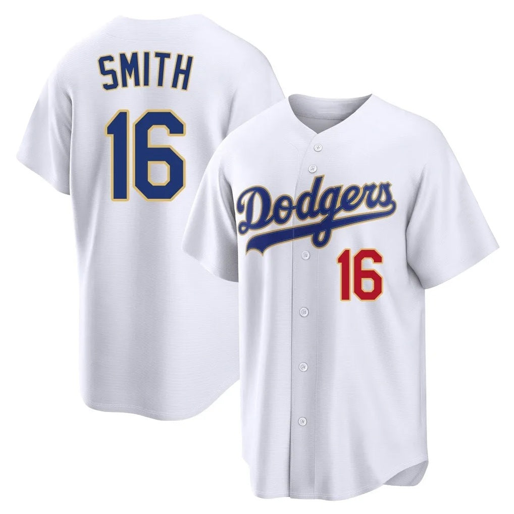 Los Angeles Dodgers #16 Will Smith Player Gold White AmberGomez 2026 Collection Stadium Limited Stitched Jerseys