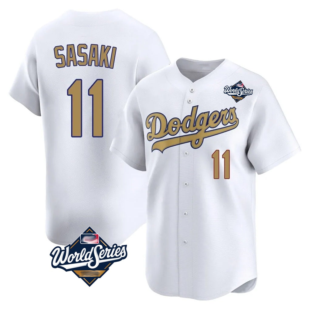 Los Angeles Dodgers #11 Roki Sasaki Player White Gold AmberGomez World Series Collection Limited Home Stitched Jerseys
