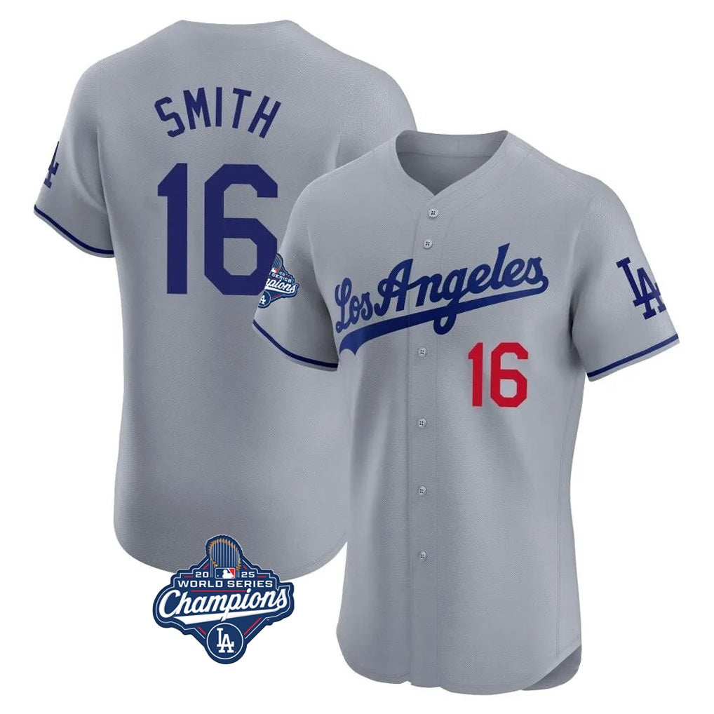 Los Angeles Dodgers #16 Will Smith Player Gray AmberGomez World Series Meet Limited Elite Home Stitched Jerseys