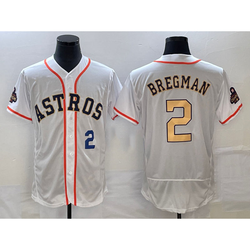 Houston Astros #2 Alex Bregman Number 2023 White Gold AmberGomez World Serise Champions Patch Flex Base Stitched Jersey 3