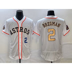 Houston Astros #2 Alex Bregman Number 2023 White Gold AmberGomez World Serise Champions Patch Flex Base Stitched Jersey 3