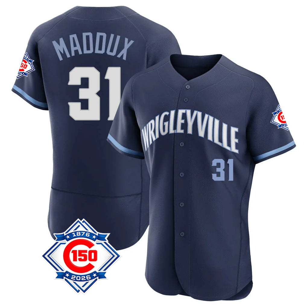 Chicago Cubs #31 Greg Maddux Player Navy AmberGomez City Connect 150th Anniversary Limited Elite Home Stitched Jerseys