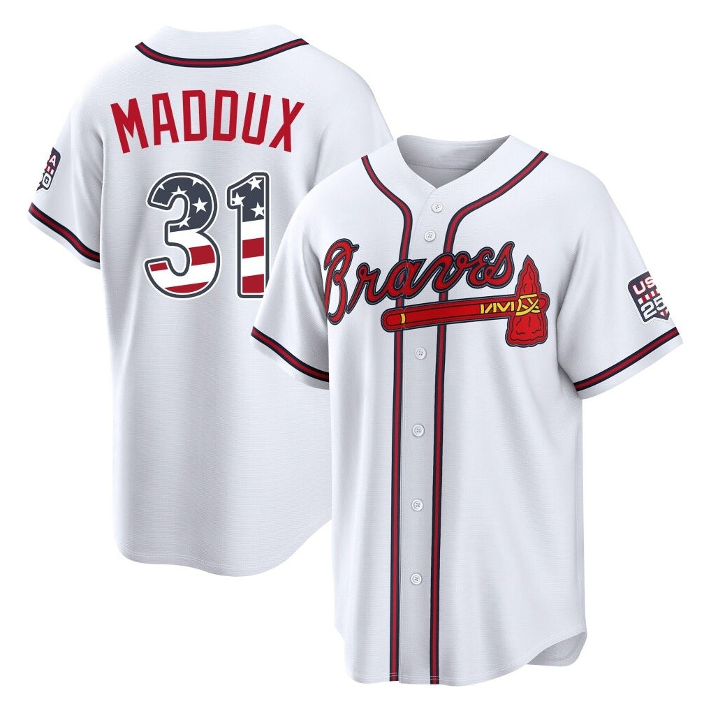 Atlanta Braves #31 Greg Maddux Player White AmberGomez USA 250 Fourth Of July Limited Home Game Stitched Jerseys