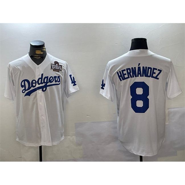 Los Angeles Dodgers #8 Enrique Hern¨¢ndez White AmberGomez 2024 World Series Cool Base Stitched Jersey