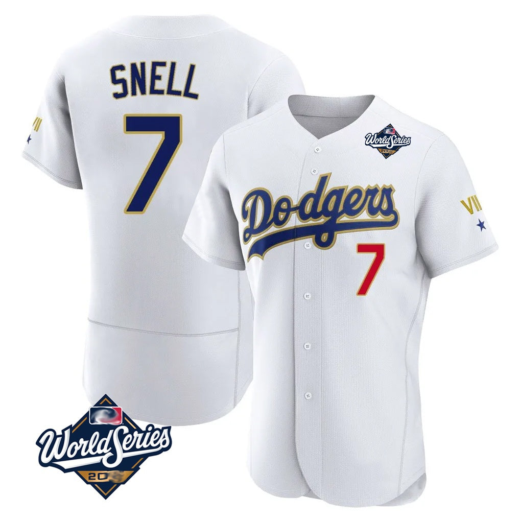 Los Angeles Dodgers #7 Blake Snell Player Gold White AmberGomez 2026 Collection Stadium Limited Elite World Series Stitched Jerseys