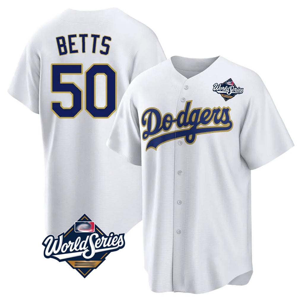Los Angeles Dodgers #50 Mookie Betts Player Gold White AmberGomez World Series 2026 Collection Stadium Game Stitched Jerseys