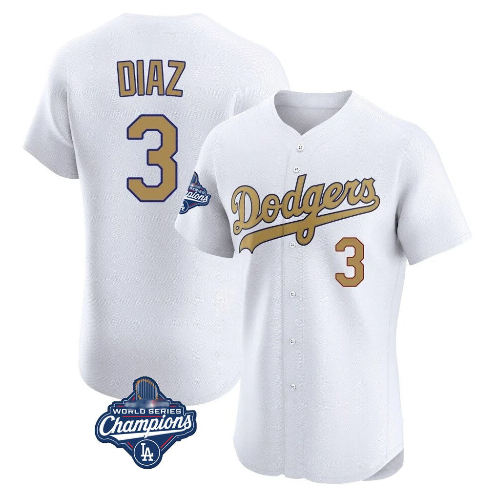 Los Angeles Dodgers #3 Edwin D¨ªaz Player Gold AmberGomez World Series Meet Limited Elite Home Stitched Jerseys