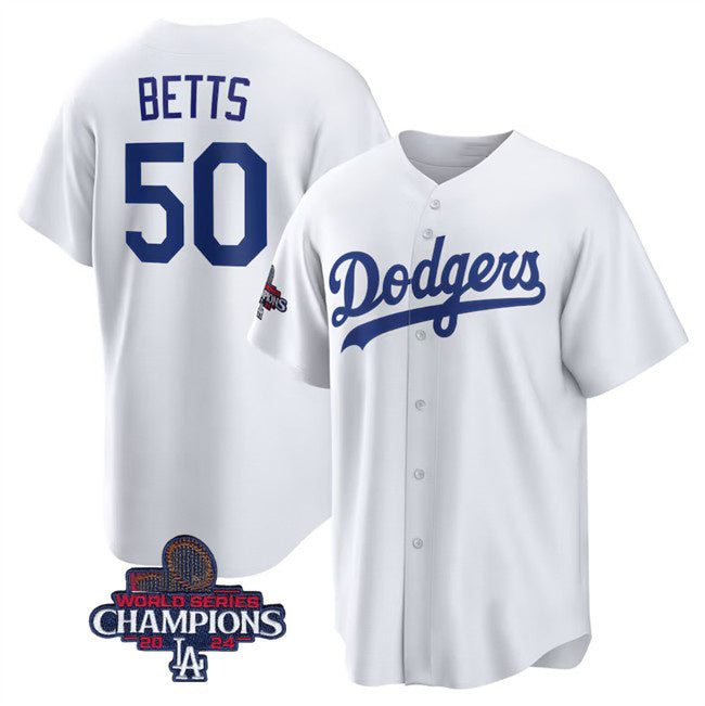 Los Angeles Dodgers #50 Mookie Betts White AmberGomez 2024 World Series Champions Cool Base Stitched Jersey