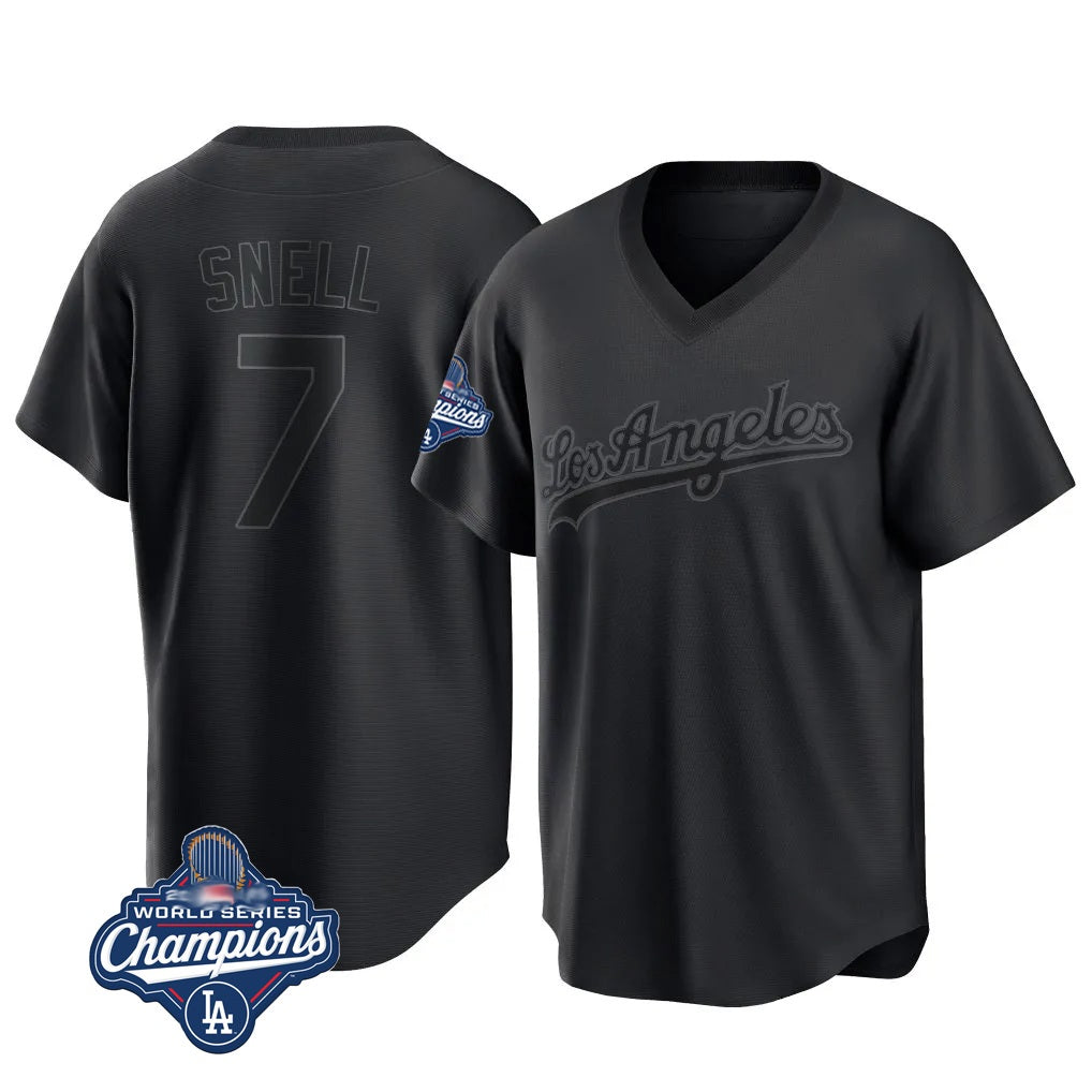 Los Angeles Dodgers #7 Blake Snell Player Black AmberGomez Pitch Fashion World Series Meet T-shirt Stitched Jerseys