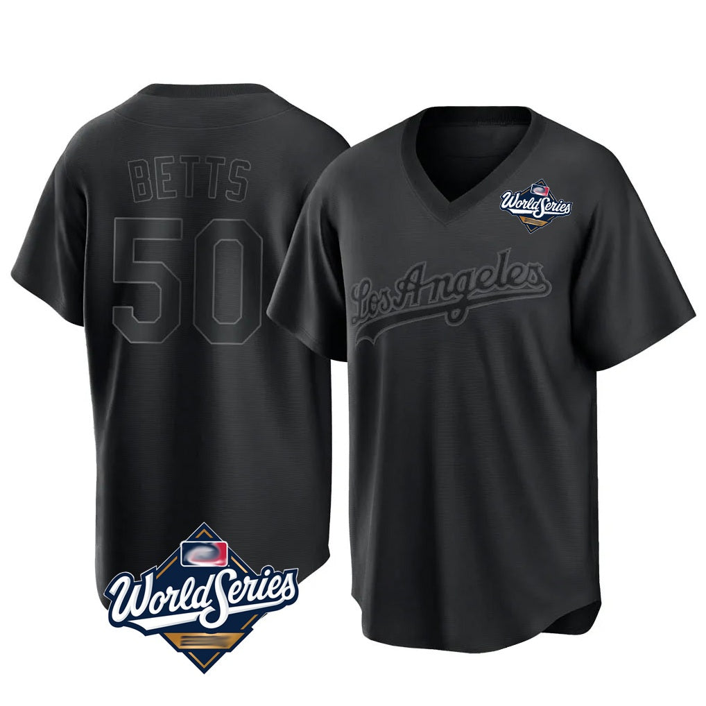 Los Angeles Dodgers #50 Mookie Betts Player Black AmberGomez World Series Pitch Fashion T-shirt Stitched Jerseys