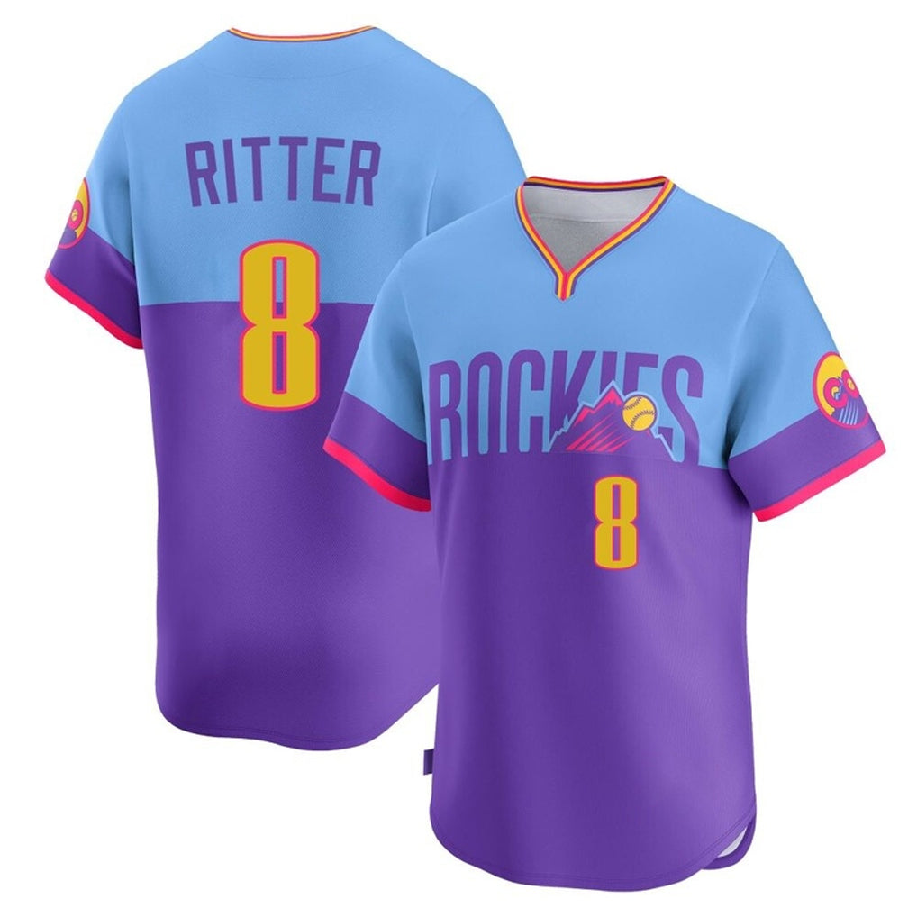 Colorado Rockies #8 Ryan Ritter Player Purple-Light Blue AmberGomez City Connect Limited Home T-shirt Stitched Jerseys