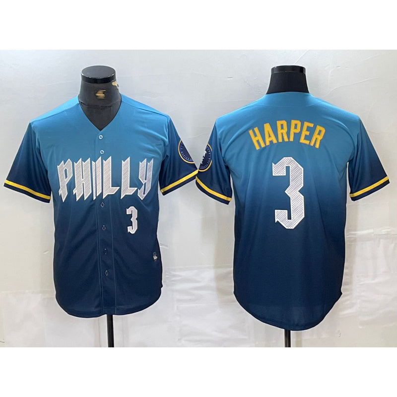 Philadelphia Phillies #3 Bryce Harper Number Blue AmberGomez 2024 City Connect Limited Stitched Jersey