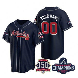 Custom Atlanta Braves Navy AmberGomez Active Player 2021 World Series Chimpions With 150th Anniversary Cool Base Stitched Jersey