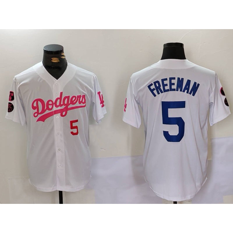 Los Angeles Dodgers #5 Freddie Freeman White Pink AmberGomez Vin & Kobe Patch Stitched Jerseys