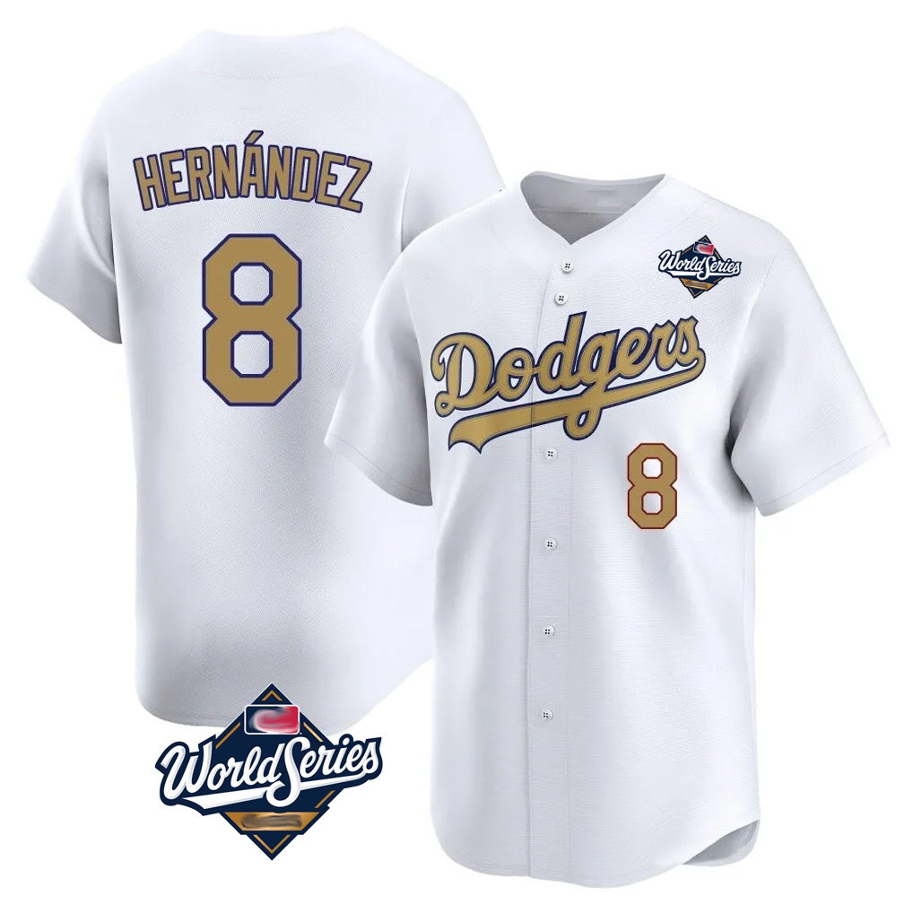 Los Angeles Dodgers #8 Enrique Hern¨¢ndez Player White Gold AmberGomez World Series Collection Limited Home Stitched Jerseys