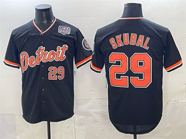 Detroit Tigers #29 Tarik Skubal Navy AmberGomez 2026 Alternate USA 250' Patch Vapor Premier Limited Stitched Jersey