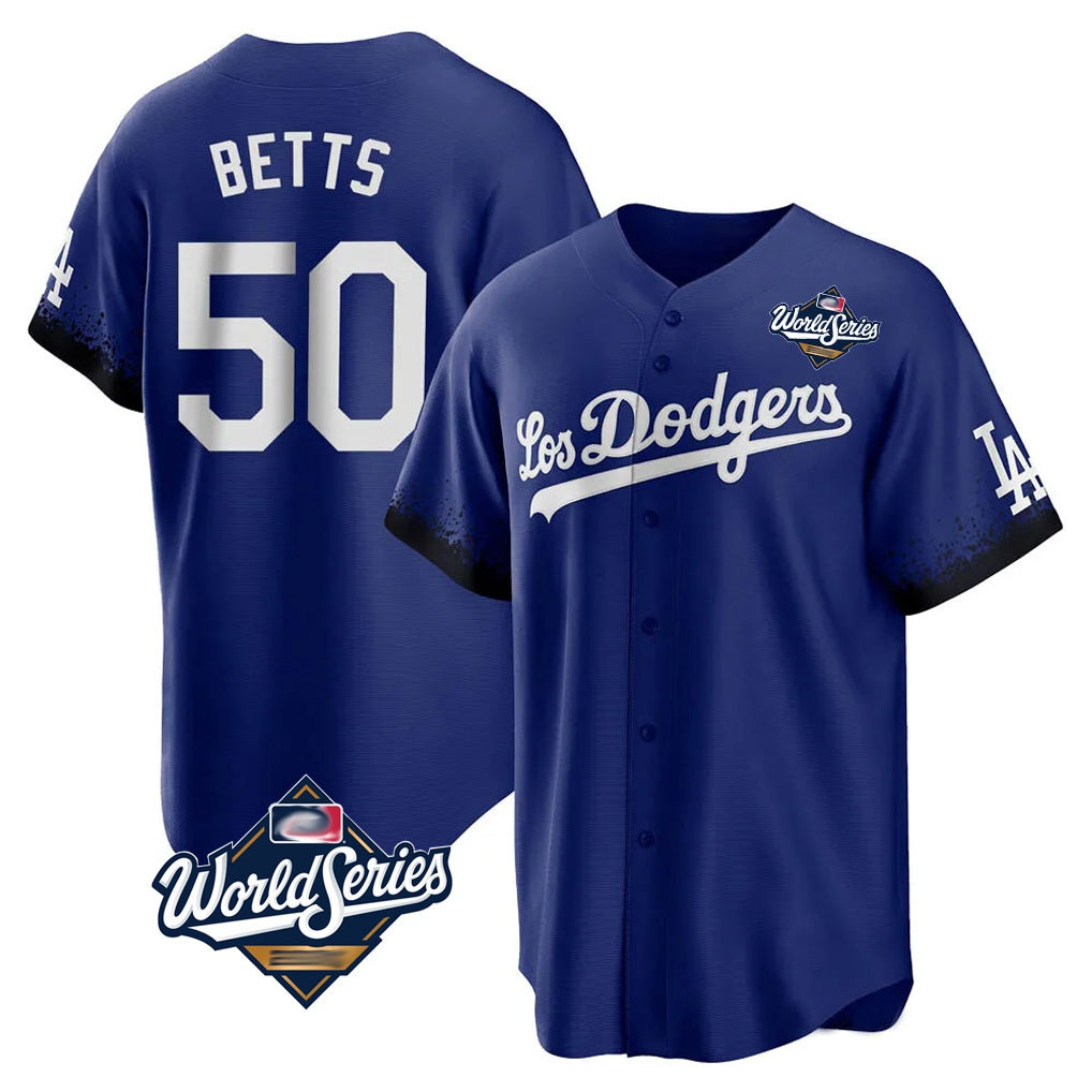 Los Angeles Dodgers #50 Mookie Betts Player Royal AmberGomez World Series City Connect Home Game Stitched Jerseys
