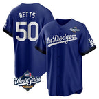 Los Angeles Dodgers #50 Mookie Betts Player Royal AmberGomez World Series City Connect Home Game Stitched Jerseys
