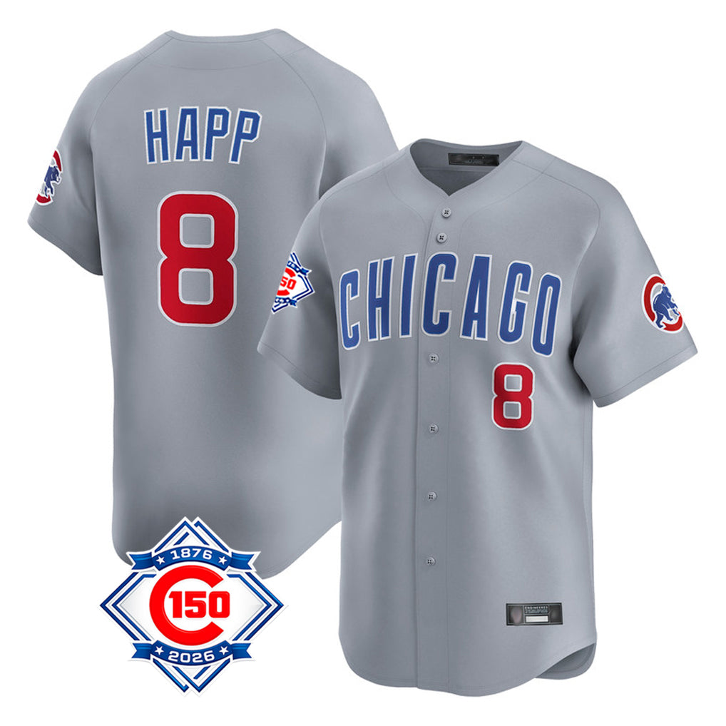 Chicago Cubs #8 Ian Happ Player Gray AmberGomez Road 150th Anniversary Limited Home Stitched Jerseys