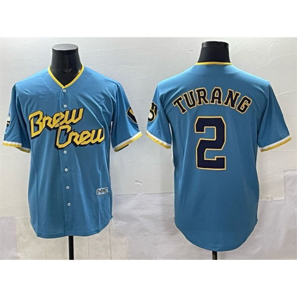 Milwaukee Brewers #2 Brice Turang Powder Blue AmberGomez City Connect Cool Base Stitched Jersey