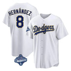 Los Angeles Dodgers #8 Enrique Hern¨¢ndez Player Gold White AmberGomez World Series Meet 2026 Collection Stadium Game Stitched Jerseys