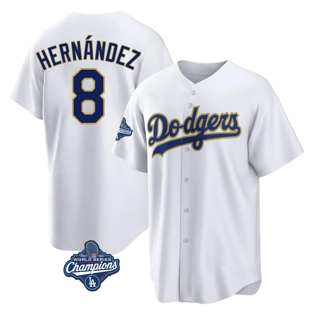 Los Angeles Dodgers #8 Enrique Hern¨¢ndez Player Gold White AmberGomez World Series Meet 2026 Collection Stadium Game Stitched Jerseys