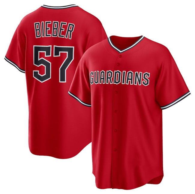 Cleveland Guardians #57 Shane Bieber Red AmberGomez Cool Base Stitched Jersey
