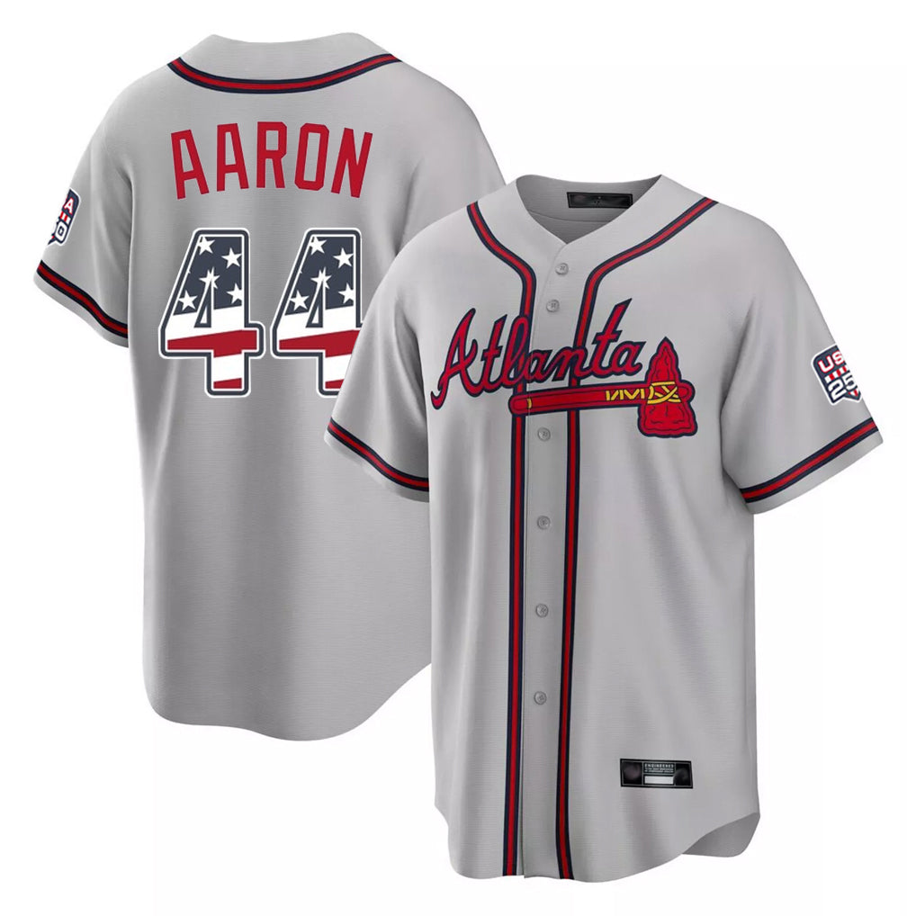 Atlanta Braves #44 Hank Aaron Player Gray AmberGomez USA 250 Fourth Of July Limited Home Game Stitched Jerseys