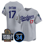 Los Angeles Dodgers #17 Shohei Ohtani Grey AmberGomez 2024 World Series With Fernando Memorial Patch Limited Stitched Jersey