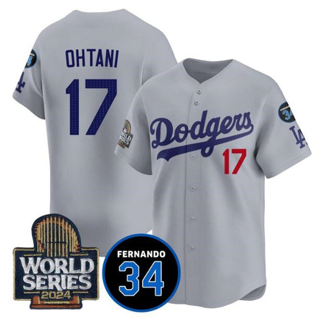 Los Angeles Dodgers #17 Shohei Ohtani Grey AmberGomez 2024 World Series With Fernando Memorial Patch Limited Stitched Jersey