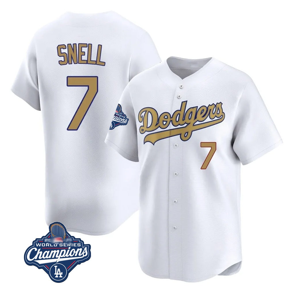 Los Angeles Dodgers #7 Blake Snell Player Gold AmberGomez Collection Limited World Series Meet Home Stitched Jerseys