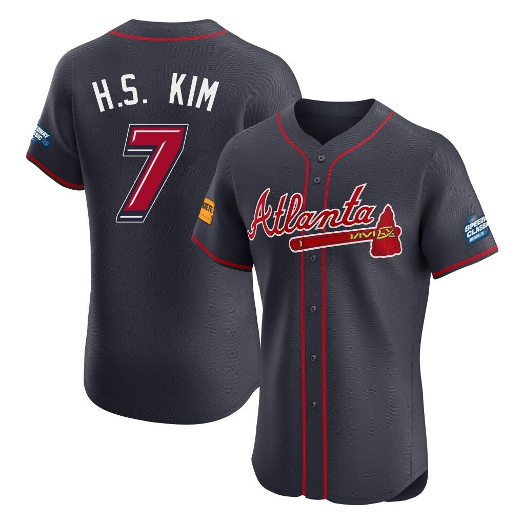 Atlanta Braves #7 Ha-Seong Kim Player Navy AmberGomez 2025 Speedway Classic Limited Elite Home Game Stitched Jerseys