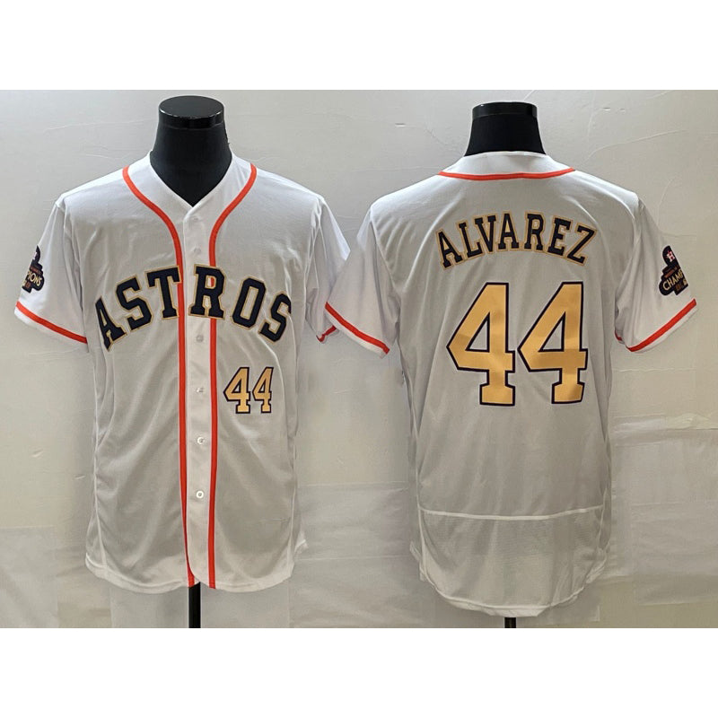 Houston Astros #44 Yordan Alvarez Number 2023 White Gold AmberGomez World Serise Champions Patch Flex Base Stitched Jersey 2