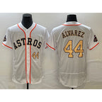 Houston Astros #44 Yordan Alvarez Number 2023 White Gold AmberGomez World Serise Champions Patch Flex Base Stitched Jersey 2