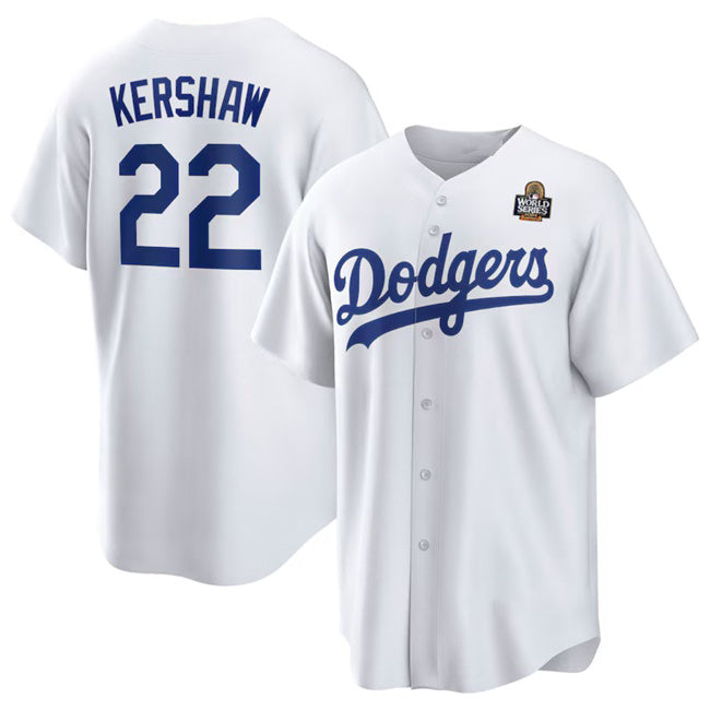 Los Angeles Dodgers #22 Clayton Kershaw White AmberGomez 2024 World Series Cool Base Stitched Jersey