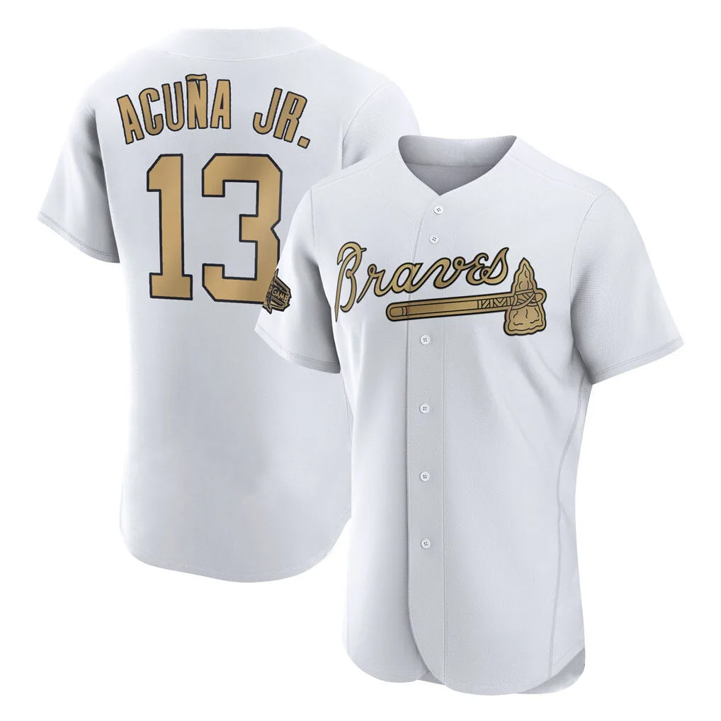 Atlanta Braves #13 Ronald Acuna Jr Player White-Gold AmberGomez All-Star Limtied Elite Home Game Stitched Jerseys