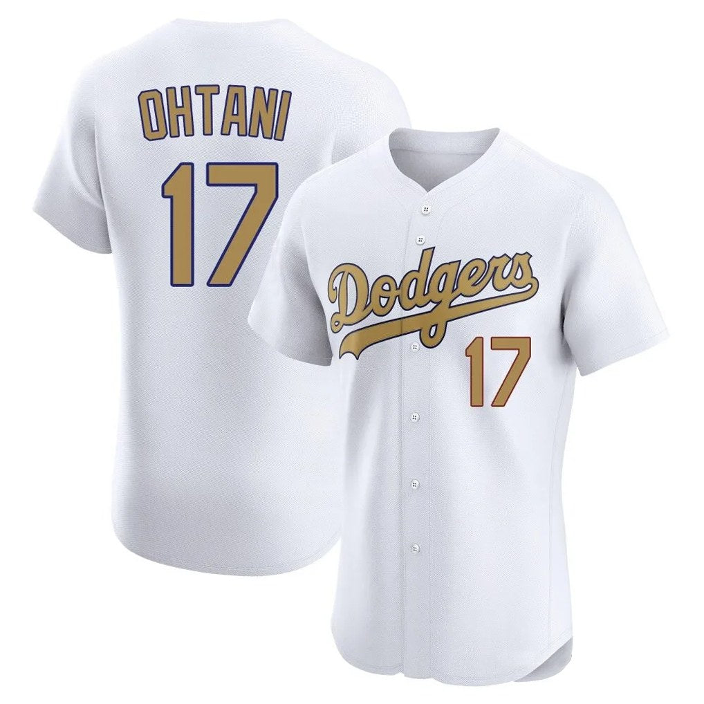 Los Angeles Dodgers #17 Shohei Ohtani Player White Gold AmberGomez Limited Elite Home Stitched Jerseys