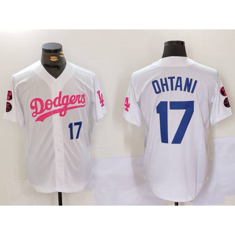 Los Angeles Dodgers #17 Shohei Ohtani White Pink AmberGomez Vin & Kobe Patch Stitched Jersey1