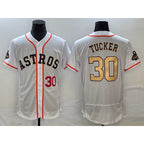 Houston Astros #30 Kyle Tucker Number 2023 White Gold AmberGomez World Serise Champions Patch Flex Base Stitched Jersey