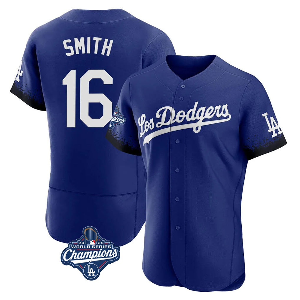 Los Angeles Dodgers #16 Will Smith Player Royal AmberGomez World Series Meet City Connect Elite Home Stitched Jerseys