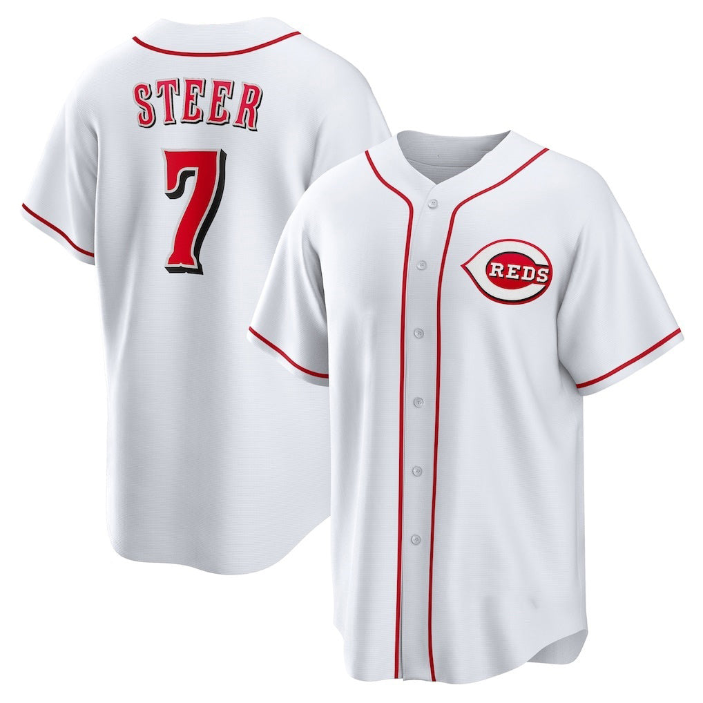 Cincinnati Reds #7 Spencer Steer White AmberGomez Home Replica Jersey