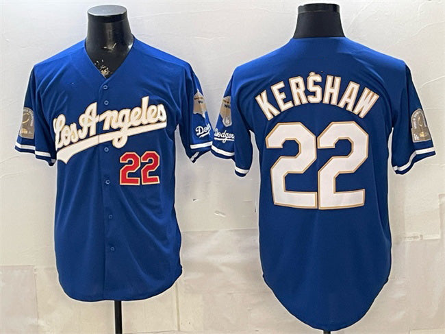 Los Angeles Dodgers #22 Clayton Kershaw Royal AmberGomez 2026 Gold Collection 9x & B2B Champs Patch Stitched Jersey