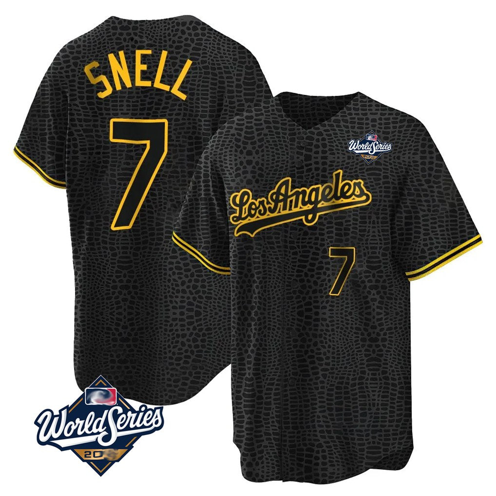 Los Angeles Dodgers #7 Blake Snell Player Black AmberGomez Snake Skin City Game Home World Series Stitched Jerseys