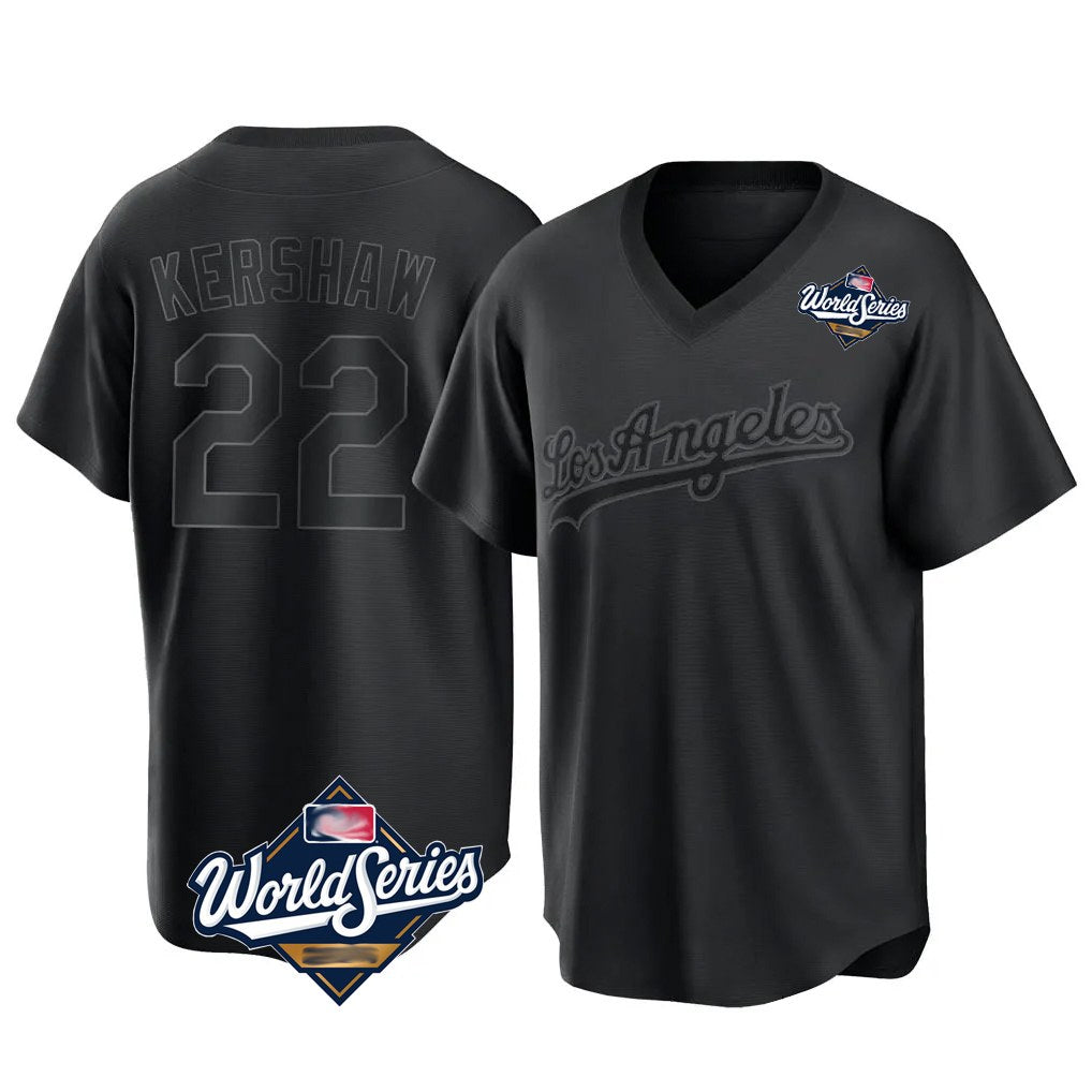 Los Angeles Dodgers #22 Clayton Kershaw Player Black AmberGomez World Series Pitch Fashion T-shirt Stitched Jerseys