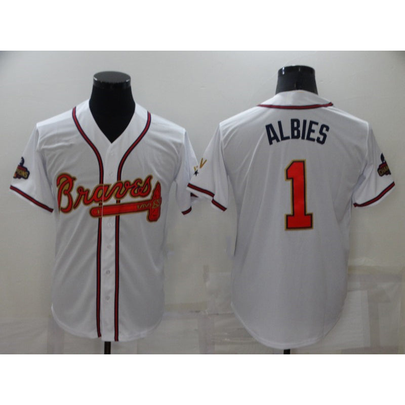 Atlanta Braves #1 Ozzie Albies 2022 White Gold AmberGomez World Series Champions Program Cool Base Stitched Jersey