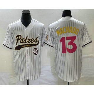 San Diego Padres #13 Manny Machado White AmberGomez Pinstripe 2023 City Connect Cool Base Stitched Jersey