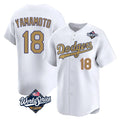 Los Angeles Dodgers #18 Yoshinobu Yamamoto Player White Gold AmberGomez World Series Collection Limited Home Stitched Jerseys